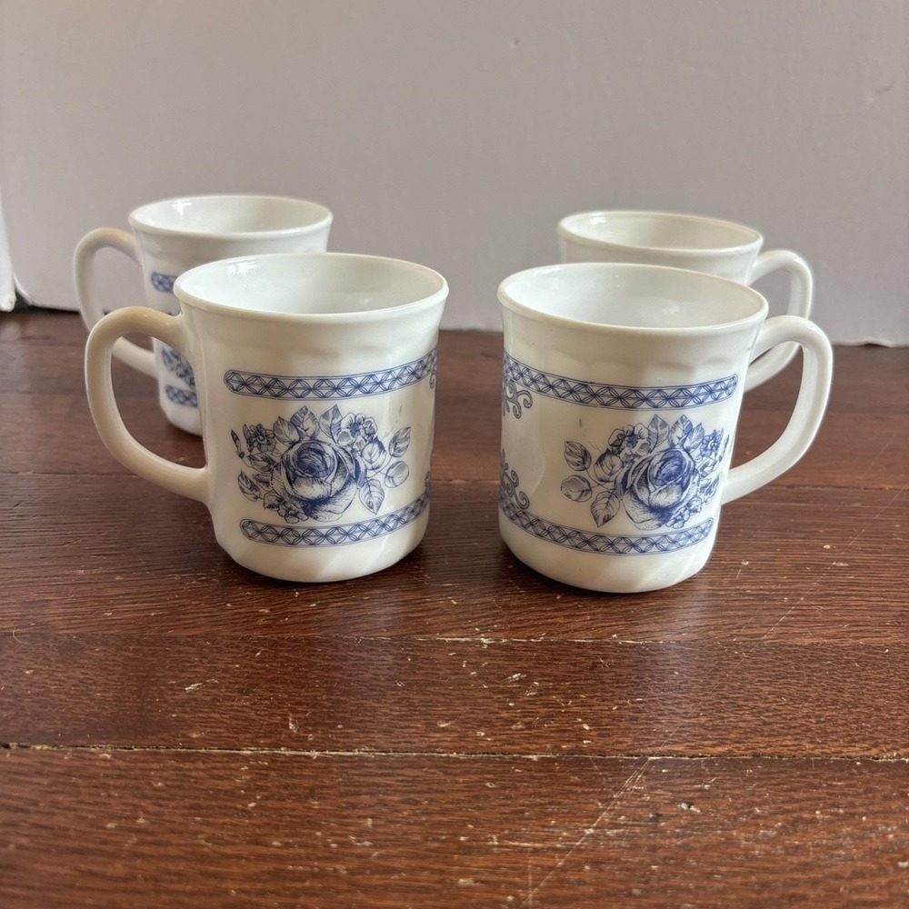 Arcopal France Vintage Milk Glass Mugs Set- 4 Blue Rose Floral White‎ Coffee Cup